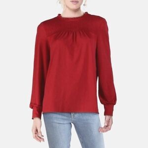 Adrianna Papell Smocked Ruffle Neck Crimson Long Sleeve Blouse/Top